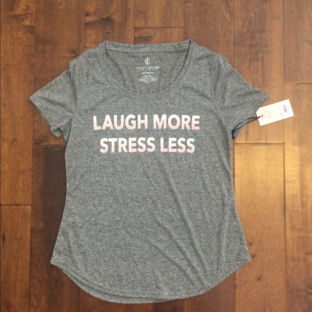 Laugh more stress less gray graphic tee top M
